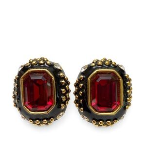 Vtg Essex Magenta Red Rhinestone Crystal Black Enamel Clip On Earrings Rectangle